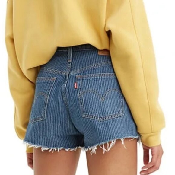 Levi's 501 Striped High Rise Cut Off Denim Button Fly Jean Shorts - Size 32 - Picture 1 of 9